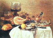 A ham, a herring, oysters, a lemon, bread, onions, grapes and a roemer